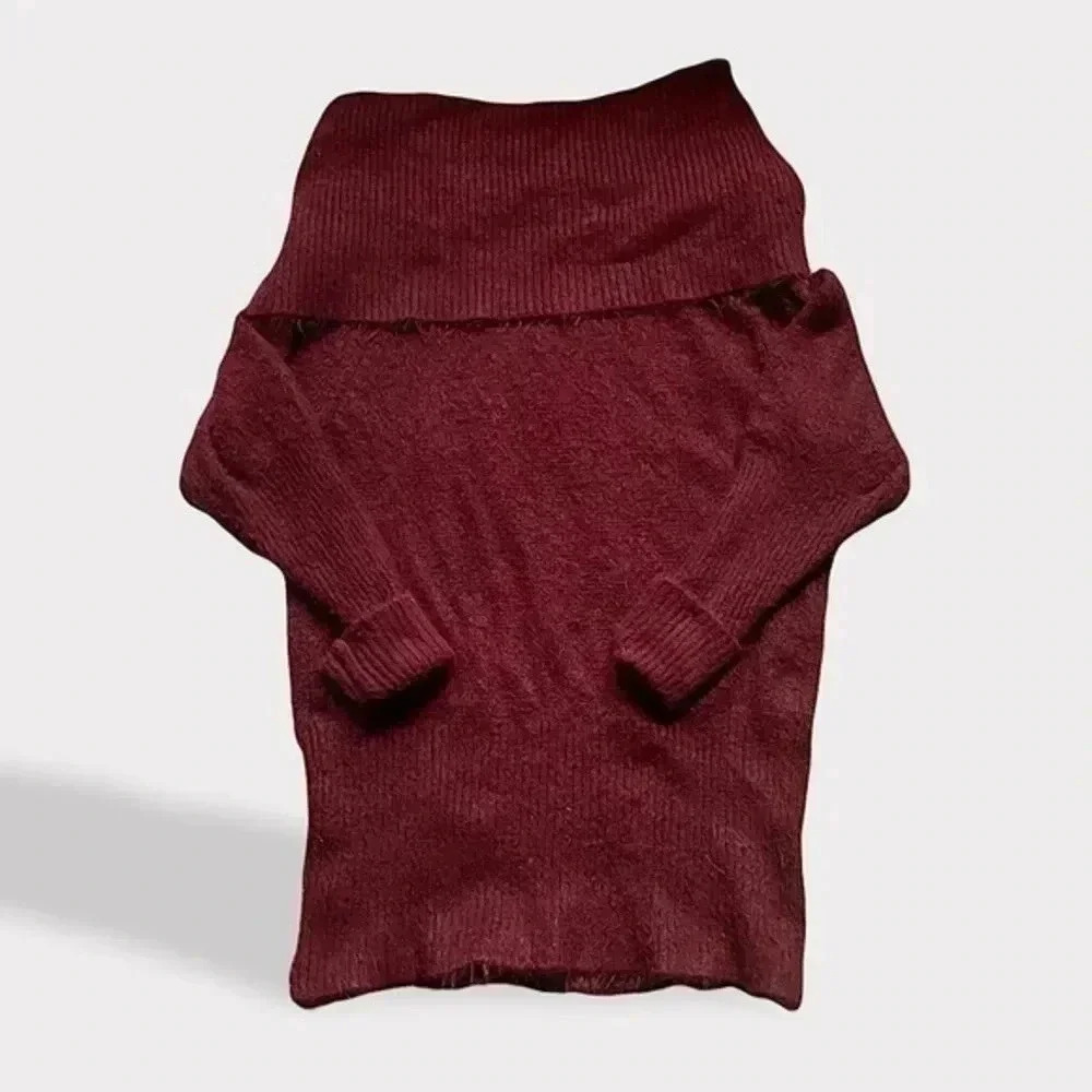 Eyelash Fuzzy Fold Off-Shoulder Cowl Neck Sweater Tunic Dress Top Wine, M​